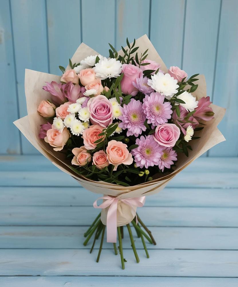 Букет цветов из: Хризантемы, Розы и Альстромерии в Малых Ягурах
