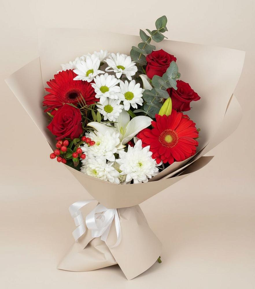 Букет цветов из: Розы, Хризантемы, Герберы и Лилии в Малых Ягурах