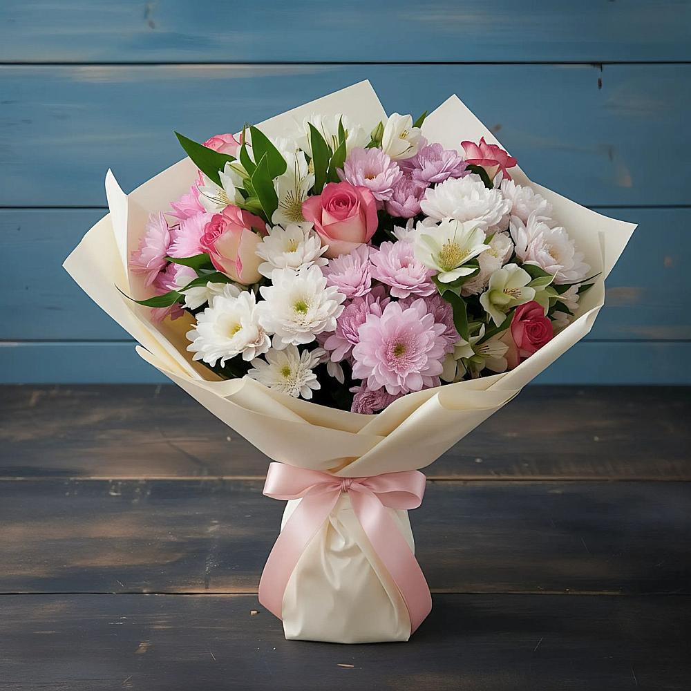 Букет цветов из: Хризантемы, Альстромерии и Розы в Малых Ягурах